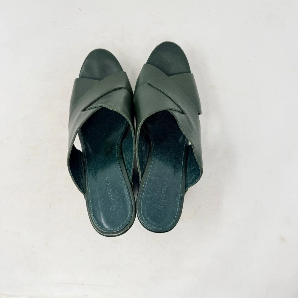 Uterque‎ Green Leather Platform Clog Sandals Studded Wood Heel EU 38 US 8